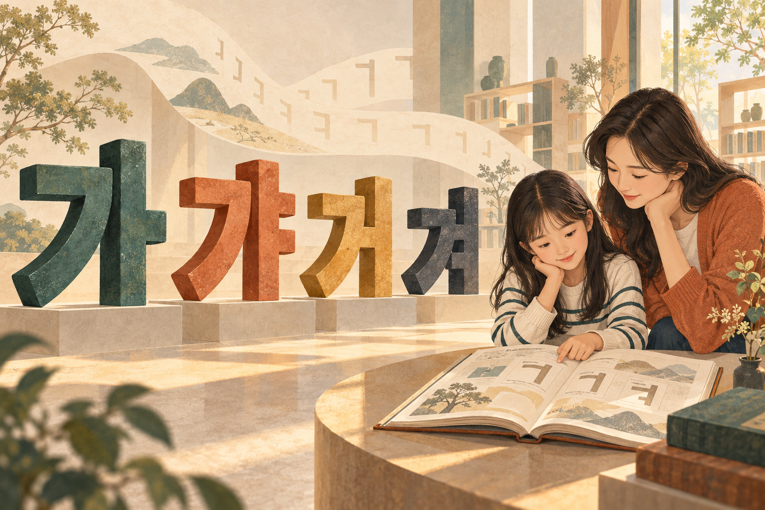 한글 음절 ‘가·갸·거·겨’와 책을 함께 살펴보는 부모와 초등학생의 일러스트