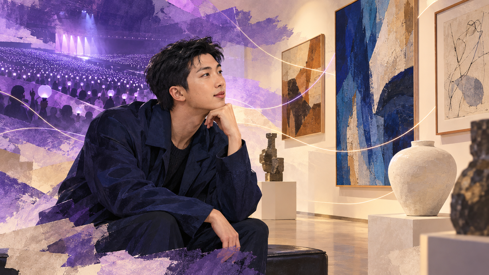 BTS RM을 모티브로, 보라빛 공연장과 가상의 미술관을 연결한 AI 제작 삽화. RM이 그림과 도자기를 바라보는 모습.
