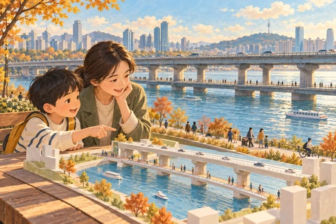 부모와 아이가 한강을 닮은 강가에서 두 층 다리 모형을 보며 공간의 쓰임을 이야기하는 삽화