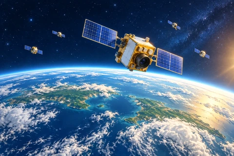 지구를 내려다보는 소형 위성 한 기와 멀리 떨어진 네 위성을 상상해 표현한 AI 삽화